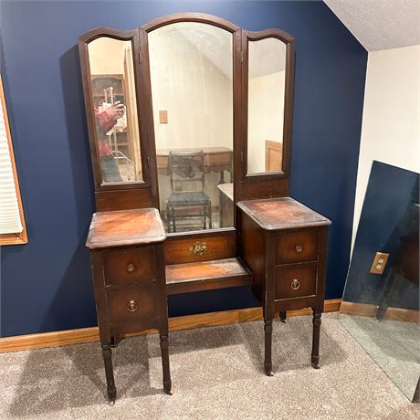 Antique Mahogany Vanity Dressing Table with Trifold Mirror