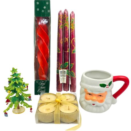 Mixed VTG Lot, Candles, Santa Mug, Miniature Tree