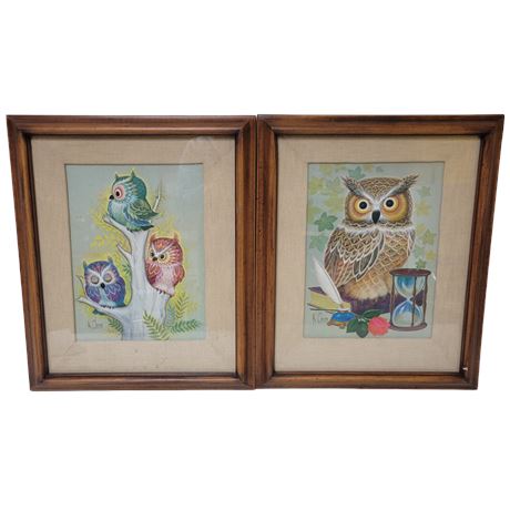 K. Chin Hour Glass Owl / Owl Trio Framed Lithographs