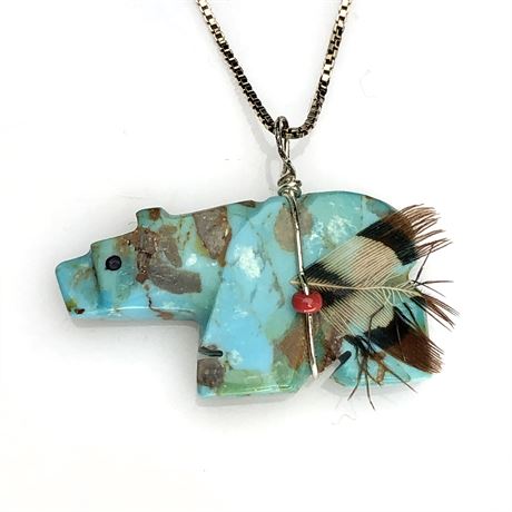 Vintage Carved Turquoise Bear Pendant on Gold over Sterling Box Chain