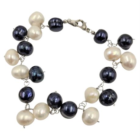 Blue and White Freshwater Pearl Dangle Bracelet