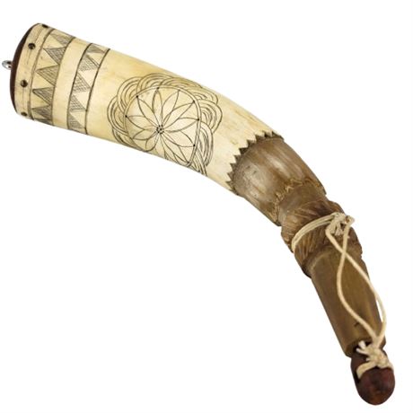 Carved Scrimshaw Powder Horn Real Animal Horn