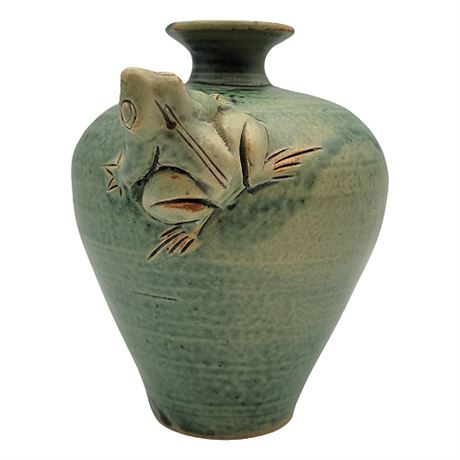 Small Vintage Ceramic Bud Vase w/ Applied Frog
