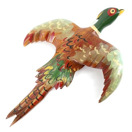 Large Vintage Pheasant Brooch, Painted Wood
