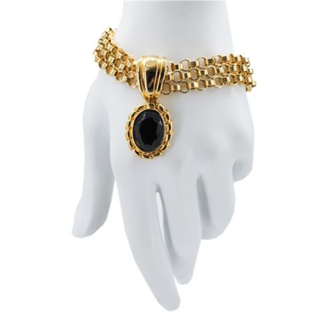 Vtg 80s/90s GIVENCHY Chunky Triple Chain Black Rhinestone Charm Bracelet