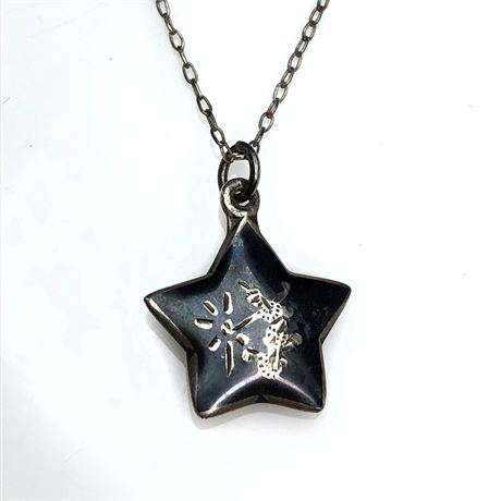 Vintage Siam Niello Enamel Thai Goddess Sterling Silver Star Pendant Necklace