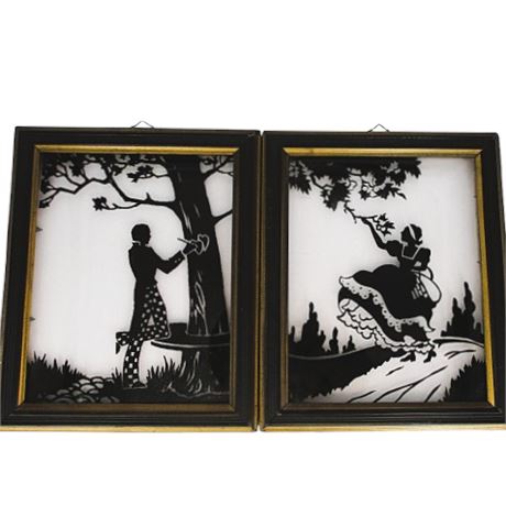 Vintage Reverse Painted Glass Silhouettes in Frames ~ Missing Backgrounds