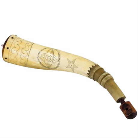 Carved Scrimshaw Powder Horn Real Animal Horn