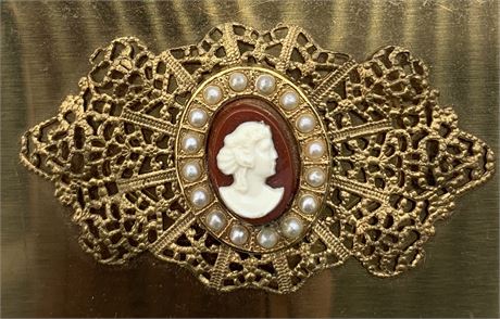 1980s Openwork Lace Brass Cameo Sash Buckle