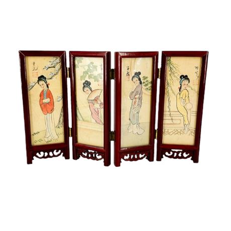 Vintage Chinese Hand Painted Miniature 4 Panel Screen