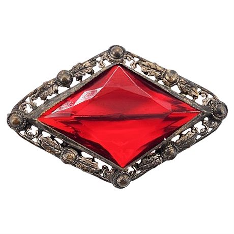 Vintage Open Back Faceted Ruby Red Czech Glass Diamond Shaped Brooch