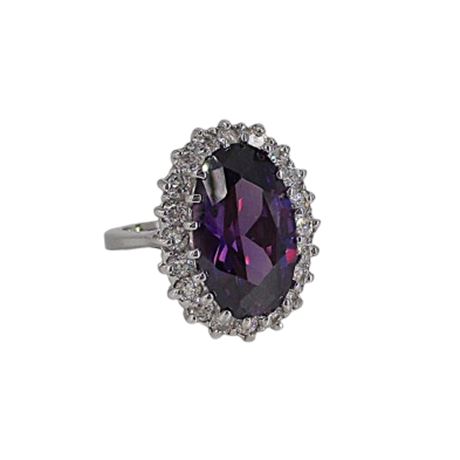 Cocktail Ring ~ Faceted Cubic Zirconia Purple Stone & CZ Halo Sz 8.25