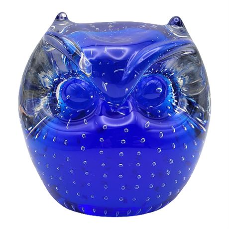 Vintage Pilgrim Glass Controlled Bubble Blue Art Glass Owl
