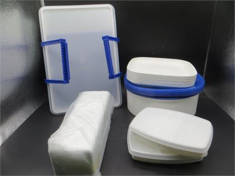 NEW VINTAGE TUPPERWARE ORGANIZER TOTE W/HANDLES, 4 LUNCH PLATES, 4 DINNER PLATES