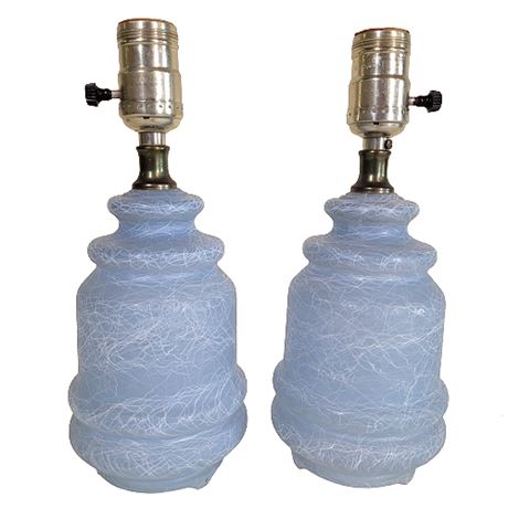 Pair Mid-Century Blue Glass Drizzle 3-Way Boudoir Lamps