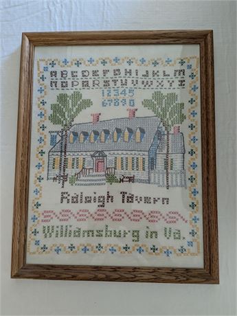 Hand Stitched Sampler Williamsburg Virginia Raleigh Tavern 15.25" x 12"