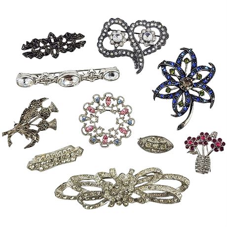 Ten Vintage Rhinestone Brooches, incl. Monet