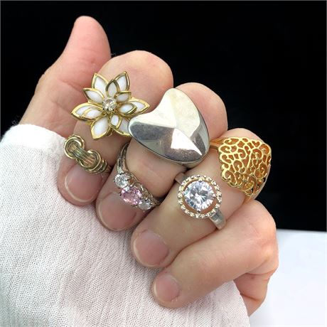 Vintage Jewelry Lot- Rings Glass Petal White Flower, Filigree, Abstract, Halo