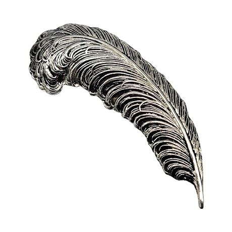 Signed Textured Silver Tone Feather Brooch