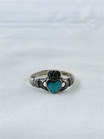 Vtg Turquoise Claddagh Sterling Ring Size 5.5