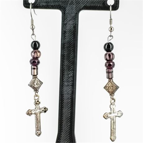 Beaded Cross Dangle Earrings – Silver-Tone Charms, Purple & Black Accents