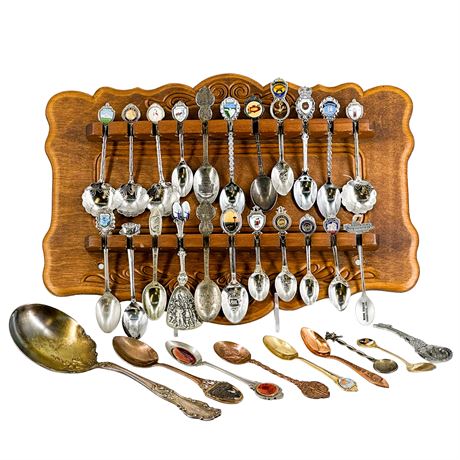 Vintage Spoon Collection SP, Metal & Copper with Wooden Display Rack