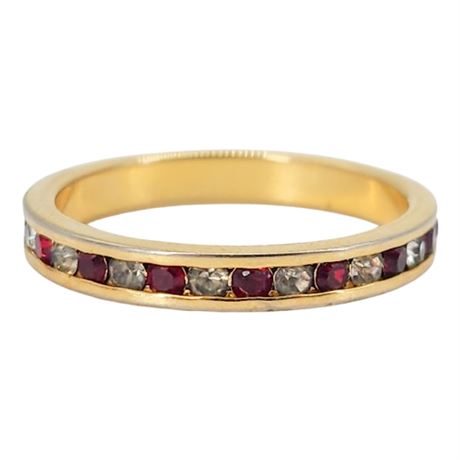 Vtg Gold Tone Red/Clear Rhinestone Eternity Ring, Sz 7.75