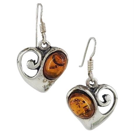 Sterling Silver Amber Heart Earrings