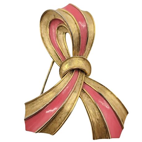 Vintage Signed Trifari Gold Tone and Pink Enamel Knot Brooch