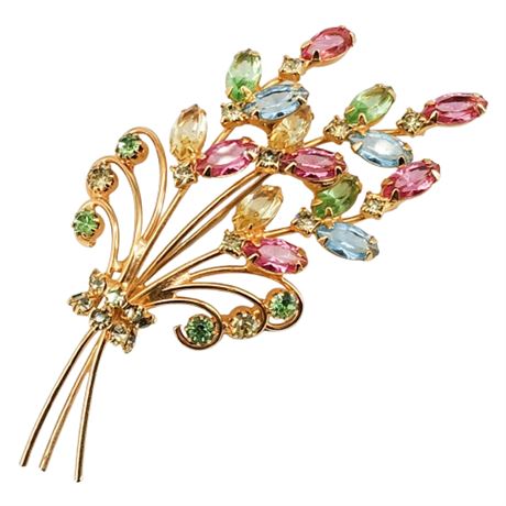 Vintage Large Prong Set Open Back Rhinestone Navette Floral Spray Brooch