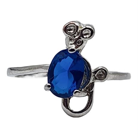 Vintage Sterling Silver Faux Blue Stone Mouse Ring, Sz 7