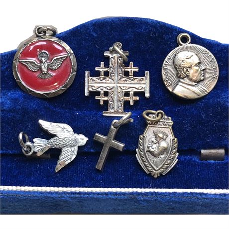 Vintage Sterling Silver Charm Lot - Religious Jerusalem Cross, Dove, Pope
