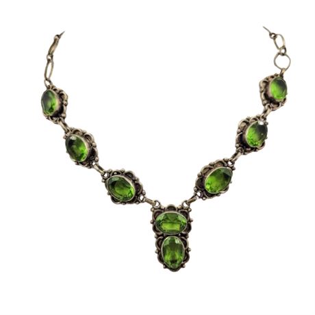 Silver Tone and Lime Green Glass Gem Necklace