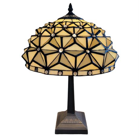 Tiffany Style Lamp w/ Yellow Geometric Design Crystal Beads Stained Glass Shade