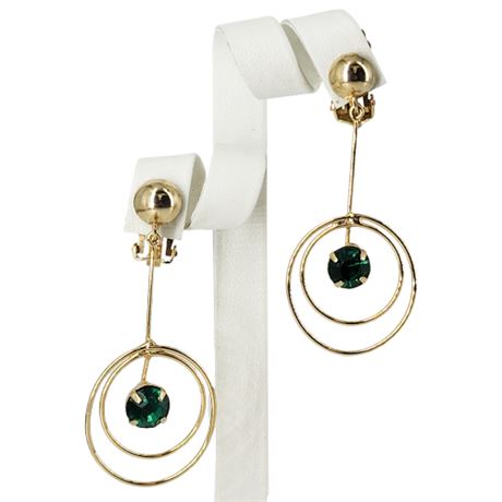 Vintage Gold Tone Green Rhinestone Modernist Drop Clip Earrings
