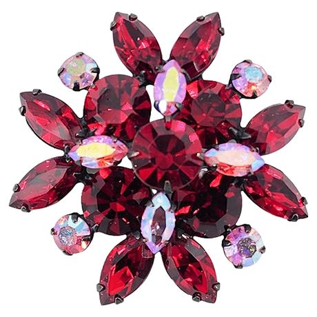 Vintage Red Prong Set Rhinestone Brooch w/ Pink Aurora Borealis Accents