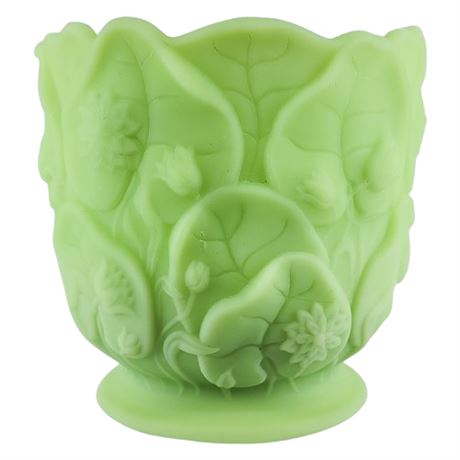 Vintage FENTON UV Reactive Lime Sherbet Satin Glass Water Lilies Vase