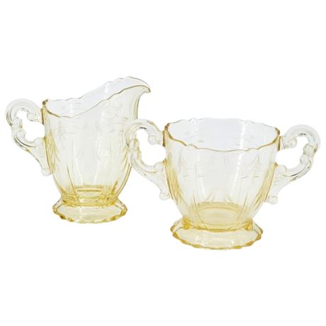 Vintage Cambridge Glass Etched Vaseline Glass Cream & Sugar