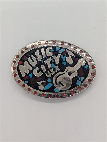 Unique MUSIC CITY USA Belt Buckle Guitar Silver Tone Red Blue Inlay 3.25"x2.25"