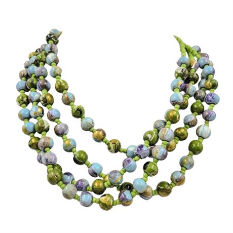 Four Strand Painted Bead and Lime Green Bead Necklace