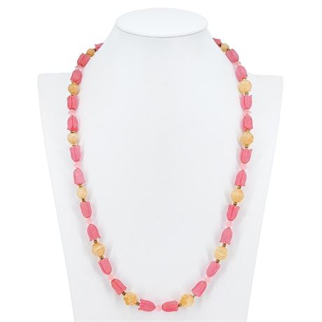 Vintage Molded Pink Plastic Flowers Beaded Necklace