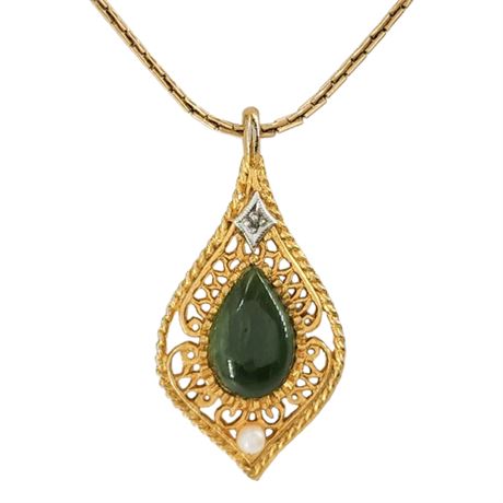Vintage Gold Tone Jade, Cultured Pearl, & CZ Pendant Necklace