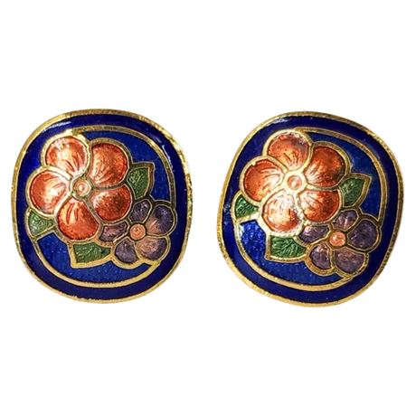 Vintage Cloisonné Flower Stud Earrings