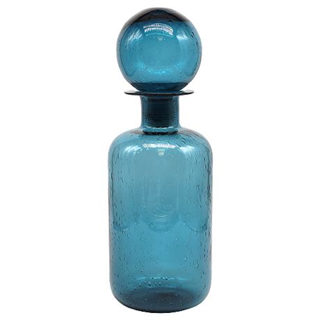 Mid-Century Blue Seeded Glass Bottle w/ Ball Stopper