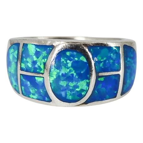 Sterling Silver Lab Created Blue Opal Inlay Ring, Sz 6.25