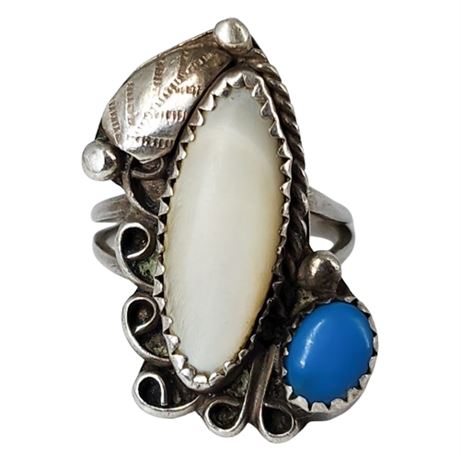 Vintage Native American Sterling Silver Mother of Pearl Turquoise Ring, Sz 6.5