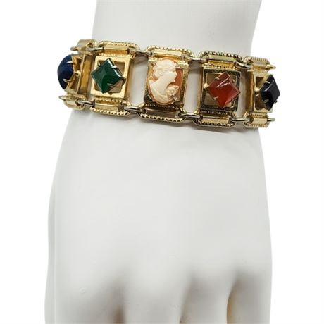 Vintage Gold Tone Cameo & Gemstone Chunky Link Bracelet