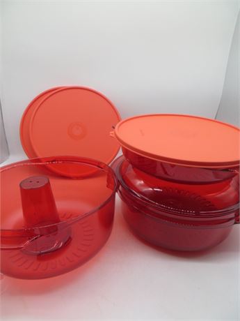 NEW VINTAGE TUPPERWARE RED/ORANGE STACK COOKER W/CONE