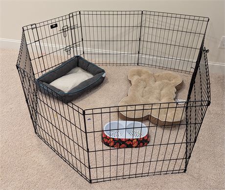 Lot American Kennel Club Dog Fence (16 ft) + 2 beds and bowl