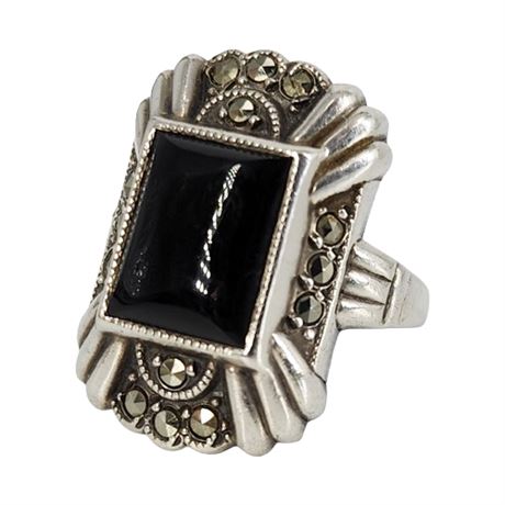 Sterling Silver Art Deco Style Onyx & Marcasite Ring